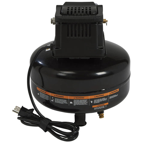 Portable 3 Gallon Air Compressor 0.3 HP 110 PSI Max Pressure Oil Free Pump back view showing power cord and warnings.