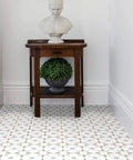 Stellar Peel And Stick Floor Tiles Pack Of 10 White And Grey Geometric Vinyl Tiles Water Resistant And Washable 12 By 12 Inches displayed in room