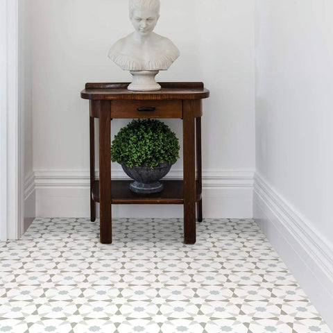 Stellar Peel And Stick Floor Tiles Pack Of 10 White And Grey Geometric Vinyl Tiles Water Resistant And Washable 12 By 12 Inches displayed in room