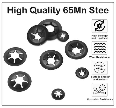 12mm Internal Tooth Star Lock Washers Push On Locking Washers Black Steel 65Mn on display, showcasing anti rust wear resistance features.