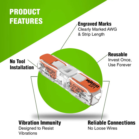 Lever Nut Wire Connectors Kit Inline 20 Piece 2212401 Pack features including engraved marks and reusable design.