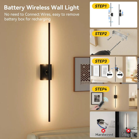 Heavy Duty Battery Operated Wall Sconces Set Of Two With Remote Control And 10000 Mah Rechargeable Battery Pack showing installation steps for wireless wall light.