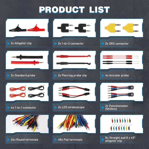 Image showing components of 110 Piece Automotive Test Lead Kit With Back Probes, Piercing Clips, Alligator Clips, LED Probes, 72 Terminal Adapters, Carrying Case.
