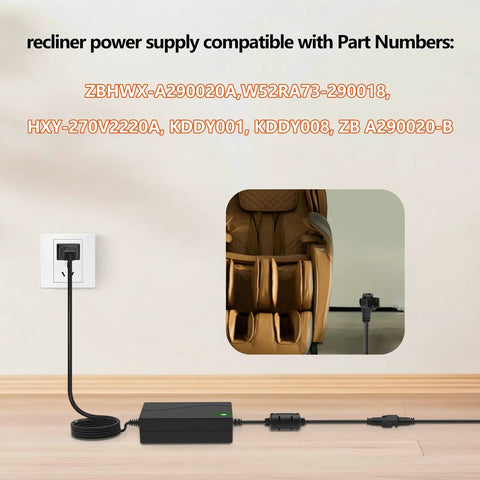 29V 2A Recliner Power Adapter for Sofa Lift Chair and Desk, 2 Pin, 100-240V Wide Input connected to wall outlet