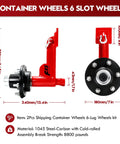 Red Amazon 2-pack shipping container wheel kit with 6-lug hub and heavy-duty axle, side and front views.
