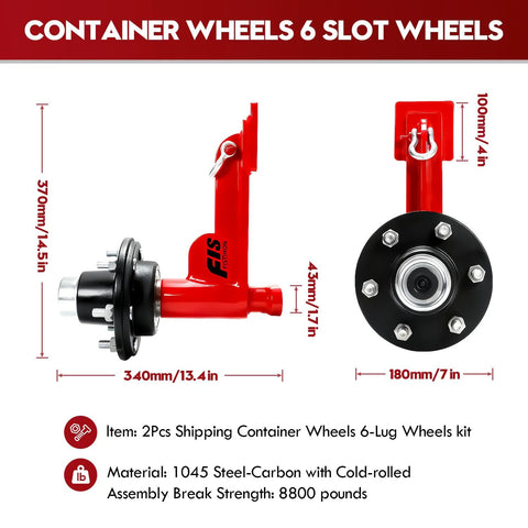 Red Amazon 2-pack shipping container wheel kit with 6-lug hub and heavy-duty axle, side and front views.