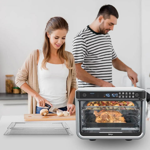 Heavy Duty Stainless Steel Air Fryer Basket Replacement Trays Compatible With Foodi XL Oven DT201 DT251 next to air fryer