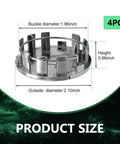 Set Of Four Sleek Silver Wheel Hub Center Caps With A Dead Snap Fit, showing 2.10 inch outer and 1.96 inch inner sizes.