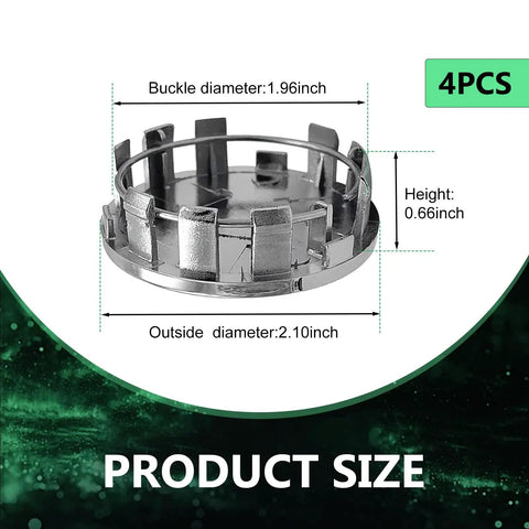 Set Of Four Sleek Silver Wheel Hub Center Caps With A Dead Snap Fit, showing 2.10 inch outer and 1.96 inch inner sizes.