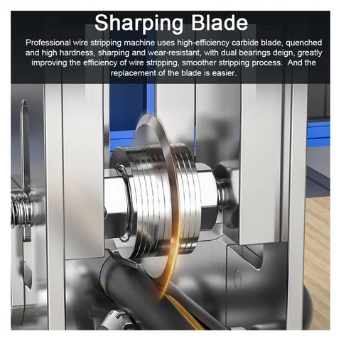 Super Heavy Duty Wire Stripping Machine For Professional Electricians showing sharp carbide blade and dual bearings for efficient wire stripping.