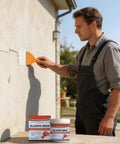 Man using All In One Wall Repair Kit With 150g Quick Dry Putty And Scraper on outdoor wall, demonstrating easy patch application.