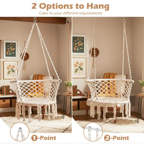 Beige Macrame Hammock Chair With 350 Pound Capacity Handwoven Tassels Boho Hanging Chair for Indoor and Outdoor Living Spaces