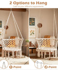 Macrame Hammock Chair With Tassels, Cozy Boho Hanging Swing For Indoor Or Outdoor Use, One Point Or Two Point Installation