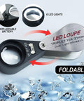 10X Illuminated Jewelers Loupe With Triplet Lens, Six White LEDs And UV Light, Magnifier For Coins, Gemstones, Diamonds, Stamps, And Jewelry Crafting, Inspect For Quality And Authenticity, foldable design on display with battery detail and LED lights.