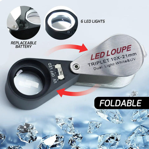 10X Illuminated Jewelers Loupe With Triplet Lens, Six White LEDs And UV Light, Magnifier For Coins, Gemstones, Diamonds, Stamps, And Jewelry Crafting, Inspect For Quality And Authenticity, foldable design on display with battery detail and LED lights.