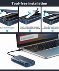Pre Owned 80Gbps M.2 NVMe SSD Enclosure With Active Cooling Fan showing installation steps next to a laptop, tool-free design.