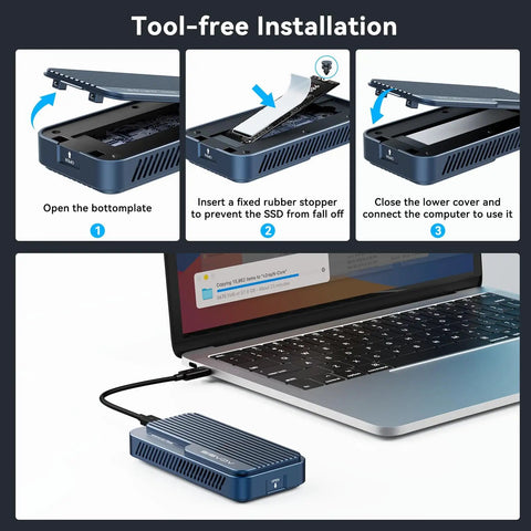 Pre Owned 80Gbps M.2 NVMe SSD Enclosure With Active Cooling Fan showing installation steps next to a laptop, tool-free design.
