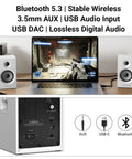 Powered Bookshelf Speakers For Desktop And Gaming With Bluetooth 5.3 And 24 Bit USB DAC setup on desk next to laptop