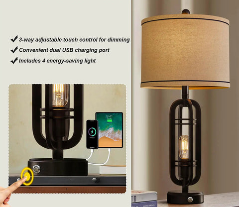 Industrial Black Table Lamps Set Of 2 With USB Ports And Outlets, Modern Bedside Touch Lamps showing touch control and charging port