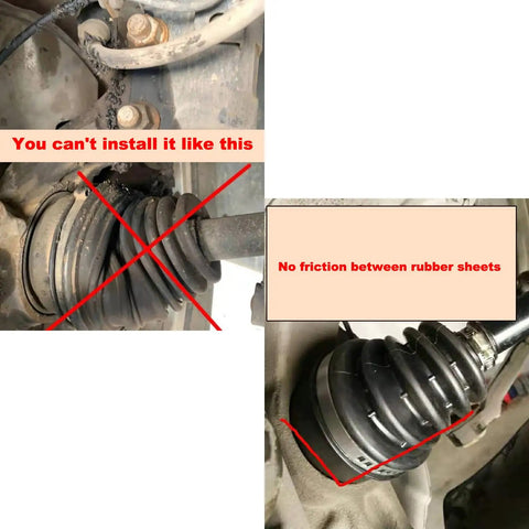 Comparison of incorrect and correct installation of Universal Thick CV Joint Boot Kit With Heavy Duty Rubber Boots Stainless Steel Clamps