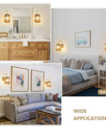 Slick Vintage Gold Wireless Wall Sconces Set Of Two Rechargeable Battery Operated Lights With Amber Stripe Glass Shades and Remote in bathroom and living room settings