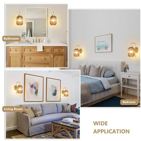 Slick Vintage Gold Wireless Wall Sconces Set Of Two Rechargeable Battery Operated Lights With Amber Stripe Glass Shades and Remote in bathroom and living room settings