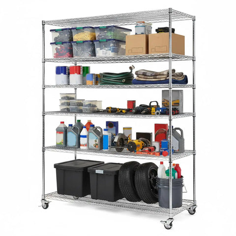 5 Tier Beefy Heavy Duty Adjustable Storage Rack With Wheels And Shelf Liners, 7500 Lbs Total Capacity loaded with assorted tools