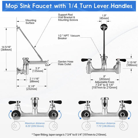 Commercial Mop Sink Faucet With Vacuum Breaker, Wall Mount 8 Inch Center Service Sink Faucet, 3/4 Inch Hose Thread diagram
