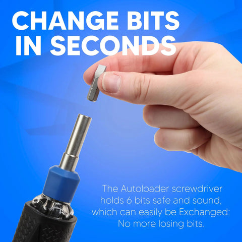 Close-up of Magnetic 6-In-1 Screwdriver Multi Tool With Auto Loading Barrel, showing bit change with ergonomic handle.