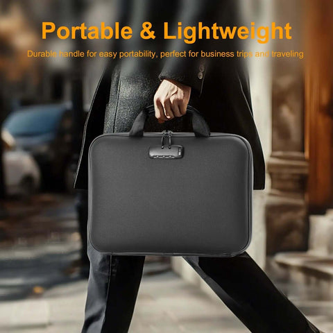 Hella Secure Fireproof Document Box With Lock And 13 Pocket Accordion File Folder, portable case being carried.