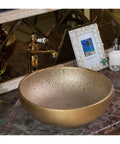 Top Shelf Hand Painted Countertop Sink With Vintage Gold Wash, Heavy Duty Ceramic Art Basin For Above Counter Mount, smooth installation.