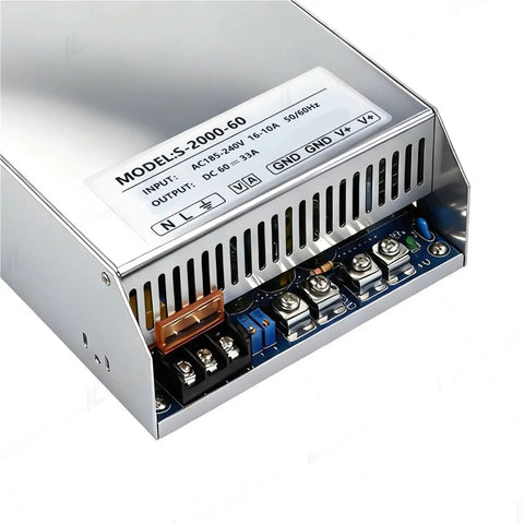 Beefy 2000W Industrial DC Switching Power Supply With Variable Output From 12V To 72V, 150A At 12V, 83A At 24V, 55A At 36V, 41A At 48V, 33A At 60V, 72V Adjustable, 185 To 240V AC Input, Rugged Heavy Duty Industrial Grade, metal housing with terminal block