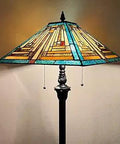 Mission Style Tiffany Floor Lamp With Green Stained Glass Shade, 16 Inch Wide, 63 Inch Tall, Double Light Standing Lamp With Pull Chain