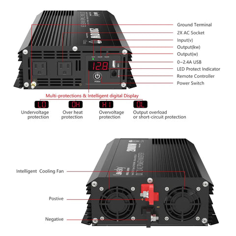 Heavy Duty 2000 Watt Power Inverter with dual AC sockets, USB ports, and digital display for RV and off-grid use.