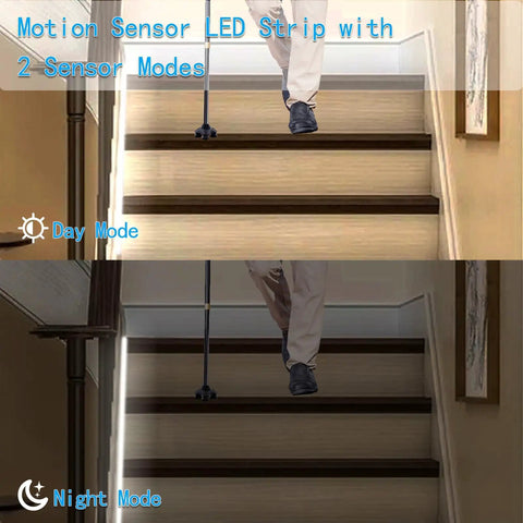 Battery Operated Motion Sensor Cabinet Strip Lights 9.8Ft 90LED With Day Night Sensor For Wardrobe Kitchen Stairs Easy Install Safe Tape Light Cool White