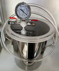 Top Shelf 304 Stainless Steel Vacuum Chamber For Resin And Silicone Degassing With Crystal Clear Dome and Quick Hookup Hose six gallon capacity with pressure gauge.