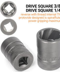 32 Piece Bolt Extractor And Nut Remover Set shown with drive square sockets for impact removal of damaged bolts and screws.