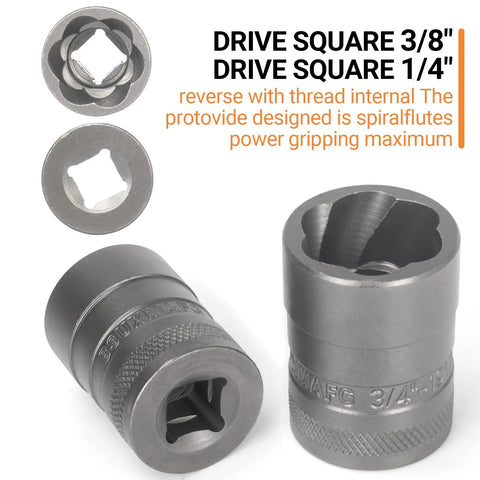 32 Piece Bolt Extractor And Nut Remover Set shown with drive square sockets for impact removal of damaged bolts and screws.