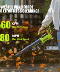 Person using Cordless Leaf Blower With 2 4.0Ah Batteries And Charger Included 560 CFM Air Volume And 180 MPH Air Speed