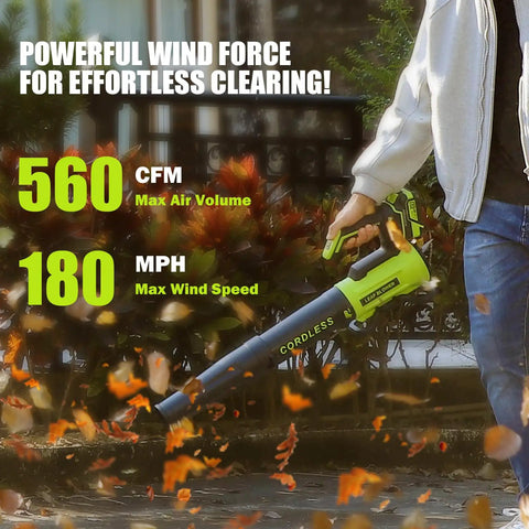 Person using Cordless Leaf Blower With 2 4.0Ah Batteries And Charger Included 560 CFM Air Volume And 180 MPH Air Speed