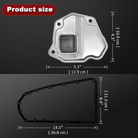 Dimensions of CVT Transmission Filter With Gasket And Oil Filter 31728-1XF02 showing size in inches and centimeters
