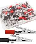 50 Pack Small Alligator Clip Test Clamps With Plastic Grips Red And Black 25 Each Kit For Wires And Joints, shown in open box