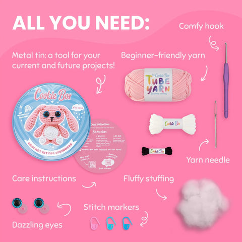 Beginner Crochet Kit Gift Set For Crafting Bunny Lola Amigurumi Plushie Easy DIY Crochet And Knitting Starter Includes Full Video Tutorial And PDF Guides layout.