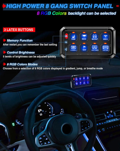 8 Gang RGB Wireless Switch Panel With Auto Dimming And Memory On Off Push Button Car LED Touch Switch Box in vehicle cab