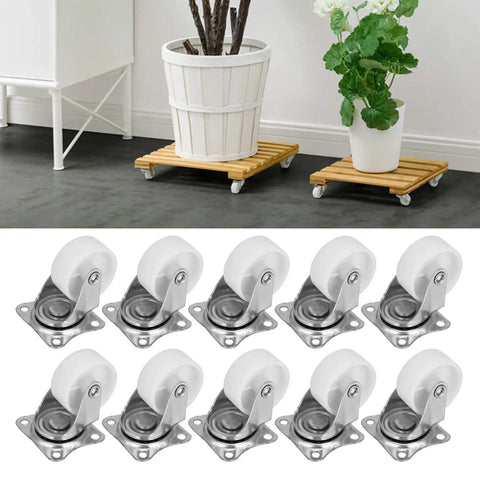 Rcniso 10 Pack White PP Universal Casters Wheels, with Smooth 360 Degree Rotation Ball Bearings for Cabinet Bookshelf Crib Furniture on wood platform.
