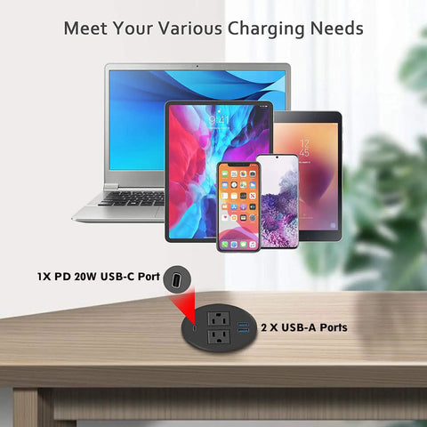 Desk Power Grommet With PD 20W USB C Hub Recessed Outlet Strip charging desk with devices plugged in, 2 AC outlets, 3 USB ports.