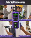 SUNMAY 7-in-1 Stud Finder Wall Scanner with Laser Level detecting metal pipes and AC wires during a renovation project.