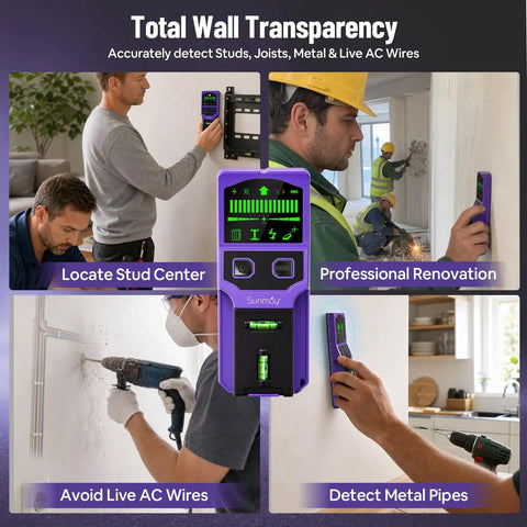 SUNMAY 7-in-1 Stud Finder Wall Scanner with Laser Level detecting metal pipes and AC wires during a renovation project.