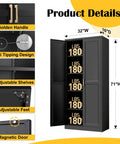 Beefy Black Metal Pantry Cabinet With Doors And Four Adjustable Shelves Tall Storage Cabinet With Two Gold Handles For Kitchen Living Room Pantry Or Bathroom Built To Last Steel Organizer For Every Home shown with features and dimensions.