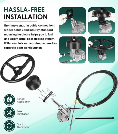 Outboard Steering Kit With Fifteen Foot Cable Three Quarter Inch Standard Tapered Shaft And Thirteen Point Five Inch Wheel components